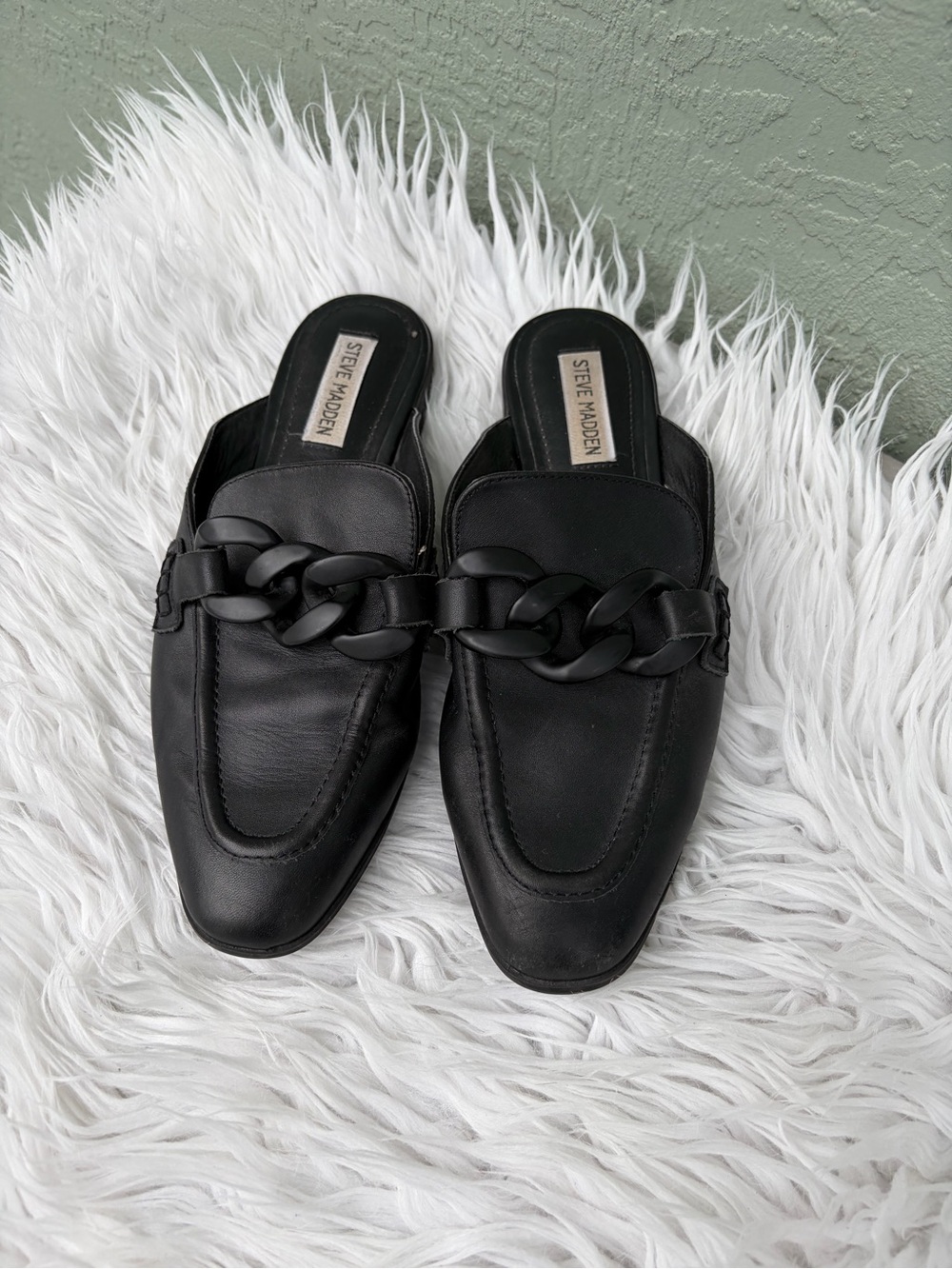 Steve Madden Black Slip-On Chain-Detail Mules Fleur Mules Sz 8